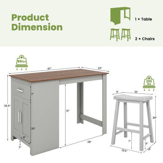 Costway 3-Piece Gray Bar Table Set for 2 with 2 Saddle Stools for Dining Room
