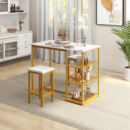 Costway 3 Pieces Golden Gold Bar Table Set for 2 with 3-Tier Storage Shelves