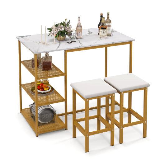 Costway 3 Pieces Golden Gold Bar Table Set for 2 with 3-Tier Storage Shelves