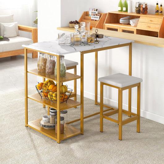 Costway 3 Pieces Golden Gold Bar Table Set for 2 with 3-Tier Storage Shelves