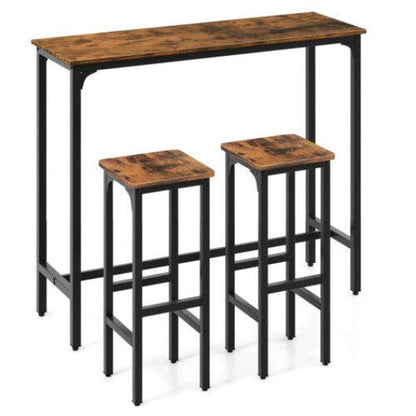 Costway 3 Pieces Rustic Brown Industrial Bar Table and Chairs Set with Metal Frame