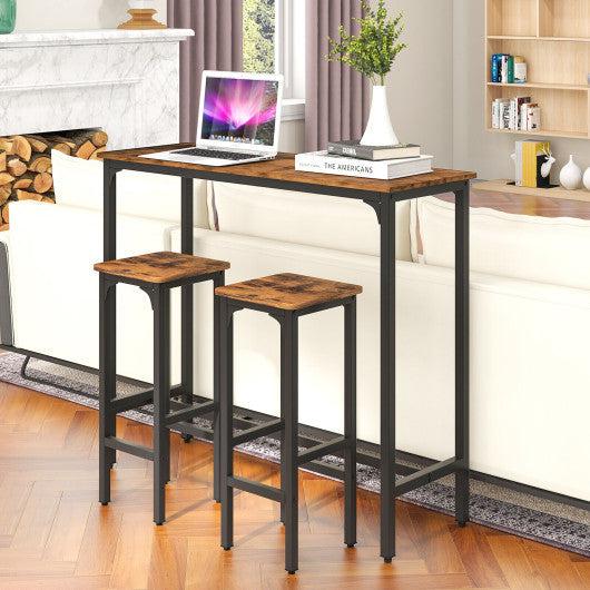 Costway 3 Pieces Rustic Brown Industrial Bar Table and Chairs Set with Metal Frame