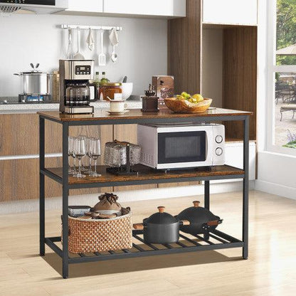 Costway 3 Shelves Rustic Brown Kitchen Island Industrial Prep Table with Bottom Wine Rack