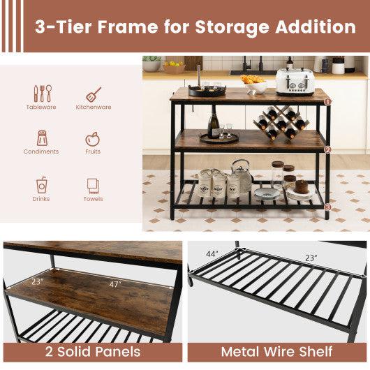 Costway 3 Shelves Rustic Brown Kitchen Island Industrial Prep Table with Bottom Wine Rack