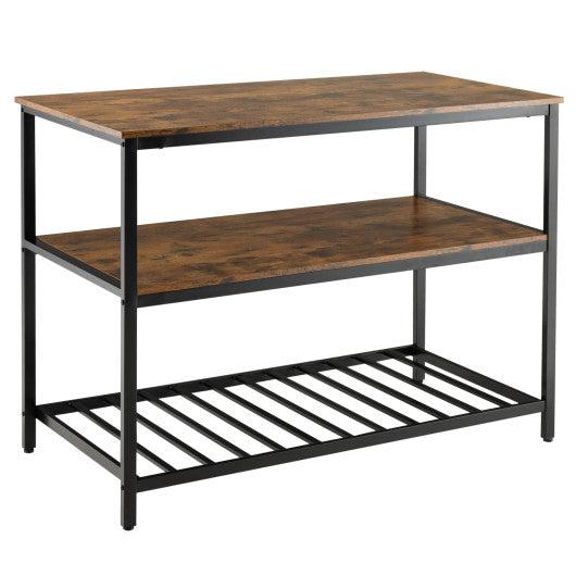 Costway 3 Shelves Rustic Brown Kitchen Island Industrial Prep Table with Bottom Wine Rack