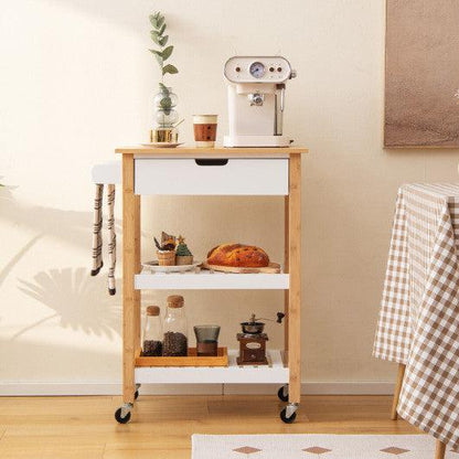 Costway 3-Tier Natural Kitchen Island Cart Rolling Service Trolley with Bamboo Top