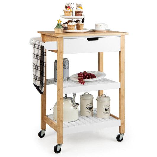Costway 3-Tier Natural Kitchen Island Cart Rolling Service Trolley with Bamboo Top
