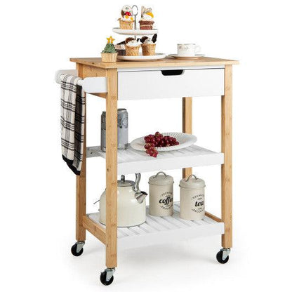 Costway 3-Tier Natural Kitchen Island Cart Rolling Service Trolley with Bamboo Top