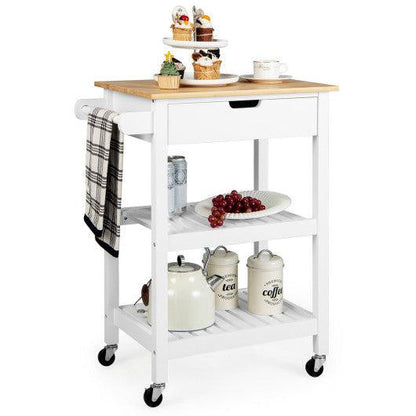 Costway 3-Tier White Kitchen Island Cart Rolling Service Trolley with Bamboo Top