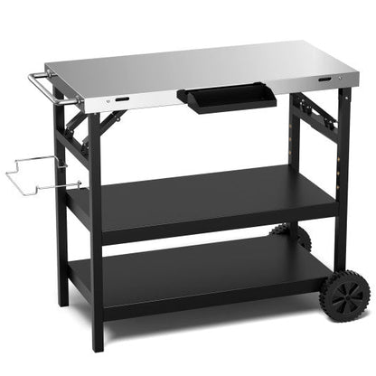 Costway 3 Tiers Black Foldable Outdoor Cart on 2 Wheels with Phone Holder