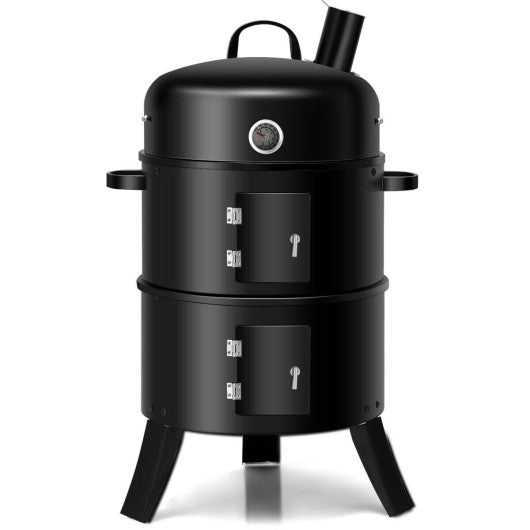 Costway 3-in-1 Portable Round Charcoal Smoker BBQ Grill with Built-in Thermometer