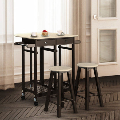 Costway 3 pcs Rolling Kitchen Island Cart with 2 Stools