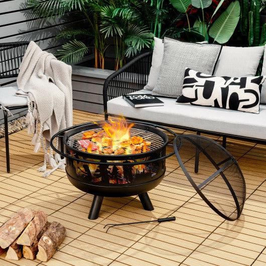 Costway 30" Outdoor Wood Burning Fire Pit with Fire Poker and Cooking Grill - Black