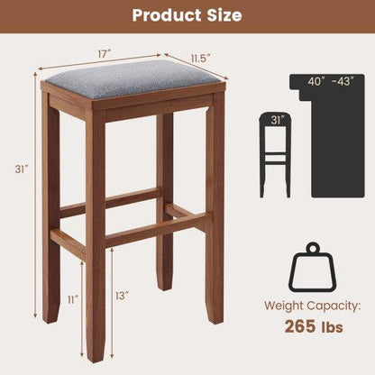Costway 31" 2 Pieces Brown Upholstered Bar Stool Set with Solid Rubber Wood Frame and Footrest