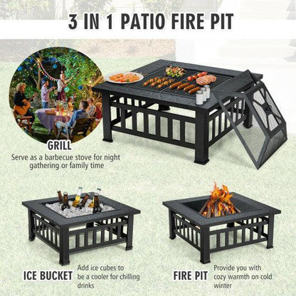 Costway 32" 3-in-1 Outdoor Square Fire Pit Table with BBQ Grill and Rain Cover for Camping