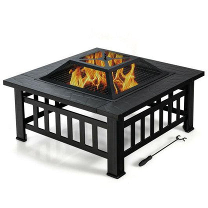 Costway 32" 3-in-1 Outdoor Square Fire Pit Table with BBQ Grill and Rain Cover for Camping