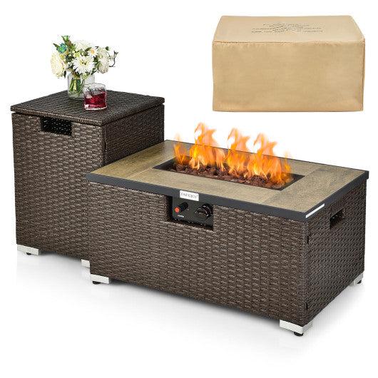 Costway 32 x 20" Brown Liquid Propane Rattan Fire Pit Table Set with Side Table Tank and Cover