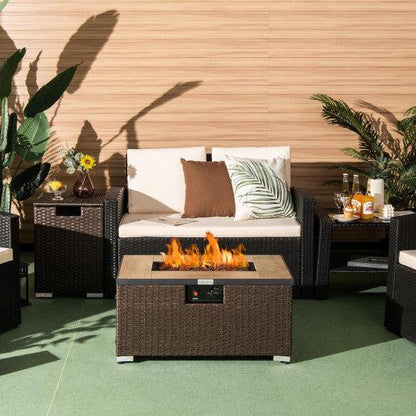 Costway 32 x 20" Brown Liquid Propane Rattan Fire Pit Table Set with Side Table Tank and Cover
