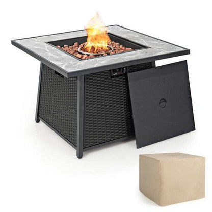 Costway 35" Black Liquid Propane Gas Fire Pit Table Wicker Rattan with Lava Rocks PVC Cover