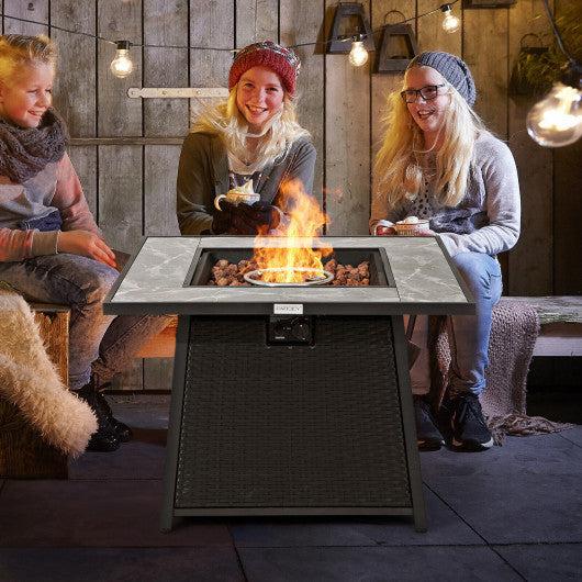 Costway 35" Black Liquid Propane Gas Fire Pit Table Wicker Rattan with Lava Rocks PVC Cover