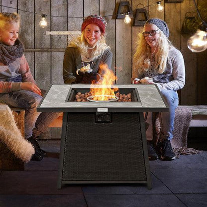 Costway 35" Black Liquid Propane Gas Fire Pit Table Wicker Rattan with Lava Rocks PVC Cover