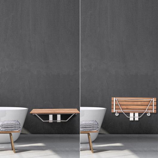 Costway 35.5" Wall Mounted Teak Wooden Folding Shower Seat Bathroom Stool