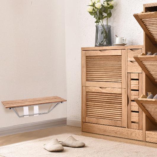 Costway 35.5" Wall Mounted Teak Wooden Folding Shower Seat Bathroom Stool