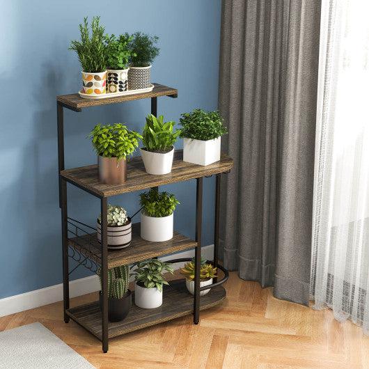 Costway 4-Tier Rustic Brown Kitchen Bakers Rack with 6 S-Hooks and Stemware Racks