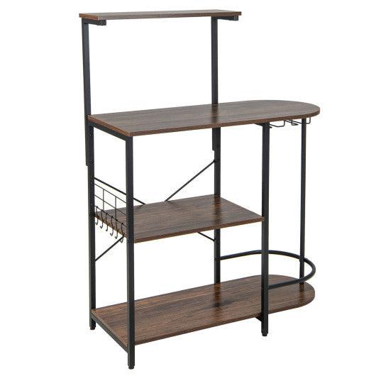 Costway 4-Tier Rustic Brown Kitchen Bakers Rack with 6 S-Hooks and Stemware Racks