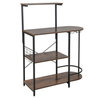 Costway 4-Tier Rustic Brown Kitchen Bakers Rack with 6 S-Hooks and Stemware Racks