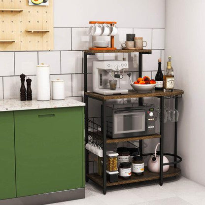 Costway 4-Tier Rustic Brown Kitchen Bakers Rack with 6 S-Hooks and Stemware Racks
