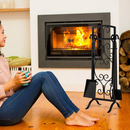Costway 5 Piece Black Wrought Iron Fireplace Tools with Decor Holder