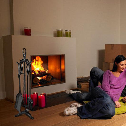 Costway 5 Pieces Rustic Heavy Duty Compact Wrought Iron Fireplace Tools Set