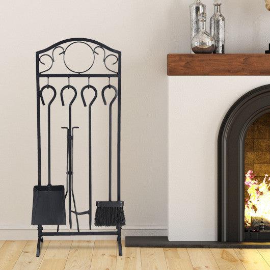 Costway 5 Pieces Wrought Iron Fireplace Tool Set with Heavy Duty Tools for Firepit