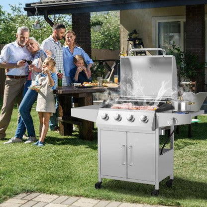 Costway 50,000 BTU 5-Burner Silver Propane Gas Grill with Side Burner and 2 Prep Tables
