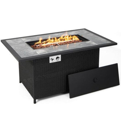 Costway 52" Black Rattan Wicker Propane Fire Pit Table with Rain Cover and Lava Rock