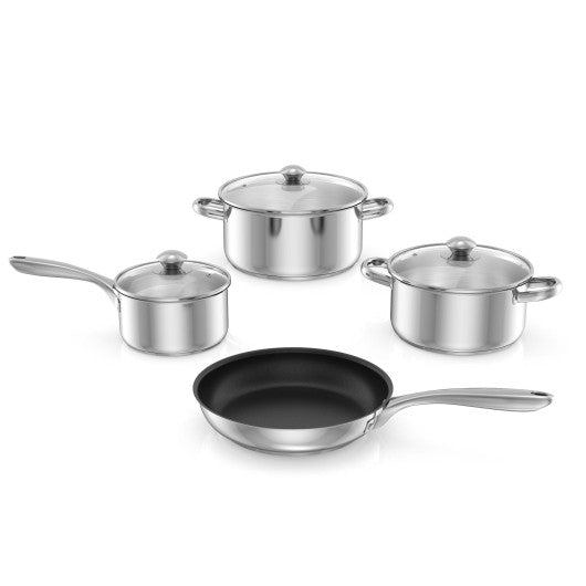 Costway 7-Piece Silver Stainless Steel Cookware Set with Tempered Glass Lid