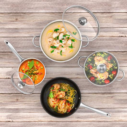 Costway 7-Piece Silver Stainless Steel Cookware Set with Tempered Glass Lid
