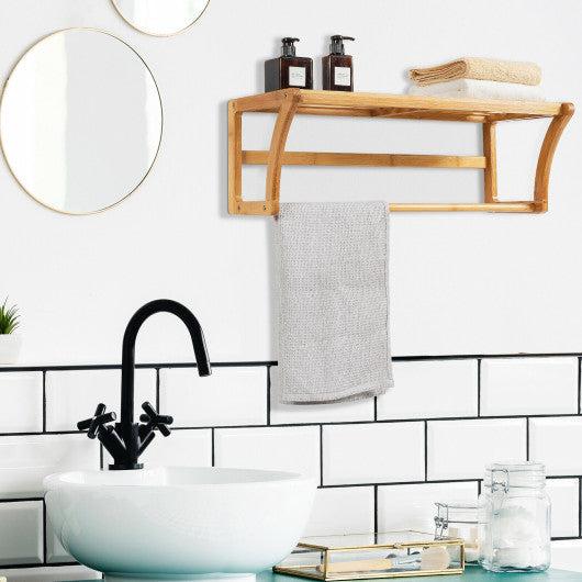 Costway Bamboo Towel Bar Wall Mounted Storage Towel Rack Bathroom Shelf