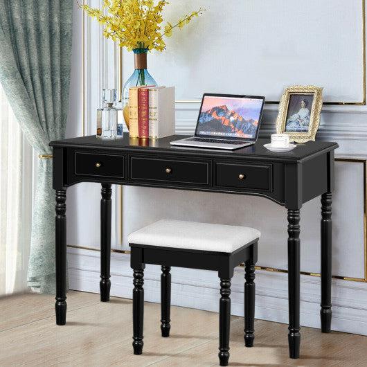 Costway Black Makeup Dressing Table with Tri-Folding Mirror and Cushioned Stool for Women