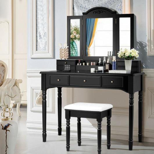 Costway Black Makeup Dressing Table with Tri-Folding Mirror and Cushioned Stool for Women