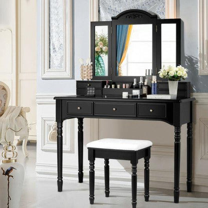 Costway Black Makeup Dressing Table with Tri-Folding Mirror and Cushioned Stool for Women