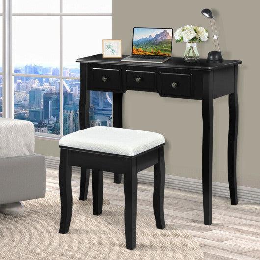 Costway Black Modern Bedroom Wood Dressing Table with Storage Shelf and Cushioned Stool