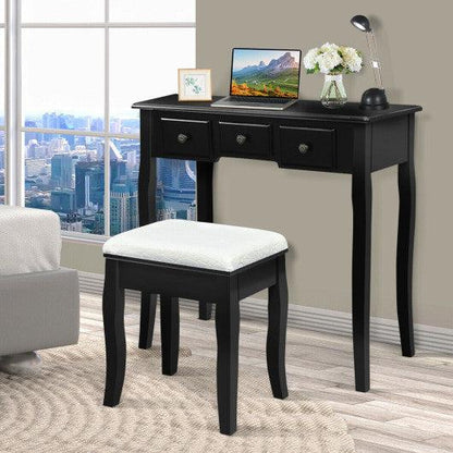Costway Black Modern Bedroom Wood Dressing Table with Storage Shelf and Cushioned Stool