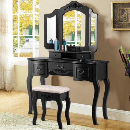 Costway Black Tri Folding Vintage Vanity Makeup Dressing Table Set 5 D US Fireplace Store Costway Black Tri Folding Vintage Vanity Makeup Dressing Table Set 5 D US Fireplace Store