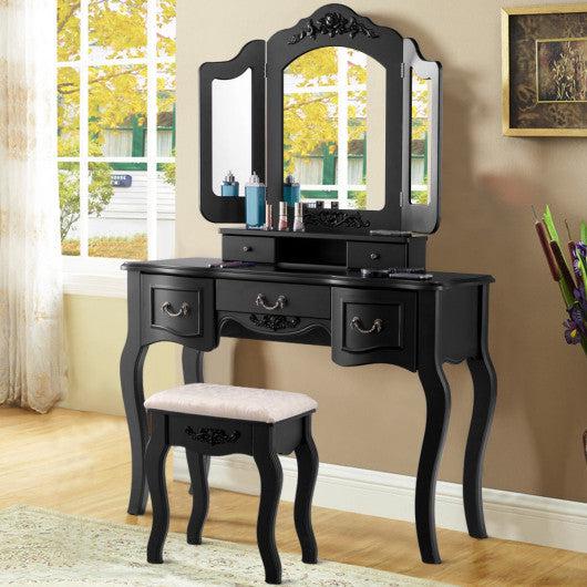 Costway Black Tri Folding Vintage Vanity Makeup Dressing Table Set 5 Drawers