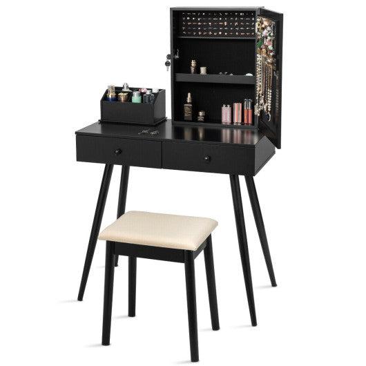 Costway Black Vanity Dressing Table Set Lockable Jewelry Cabinet with Mirror