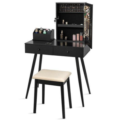 Costway Black Vanity Dressing Table Set Lockable Jewelry Cabinet with Mirror