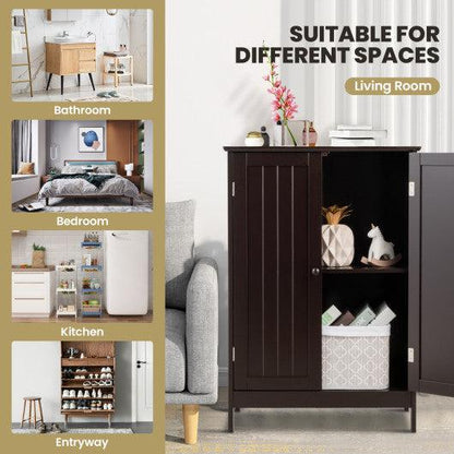 Costway Brown Bathroom Floor Storage Double Door Cupboard Cabinet