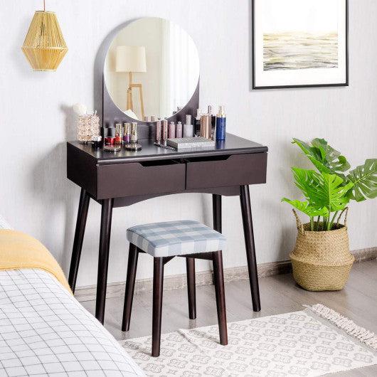 Costway Brown Round Mirror Vanity Set with Organized Sliding Drawers